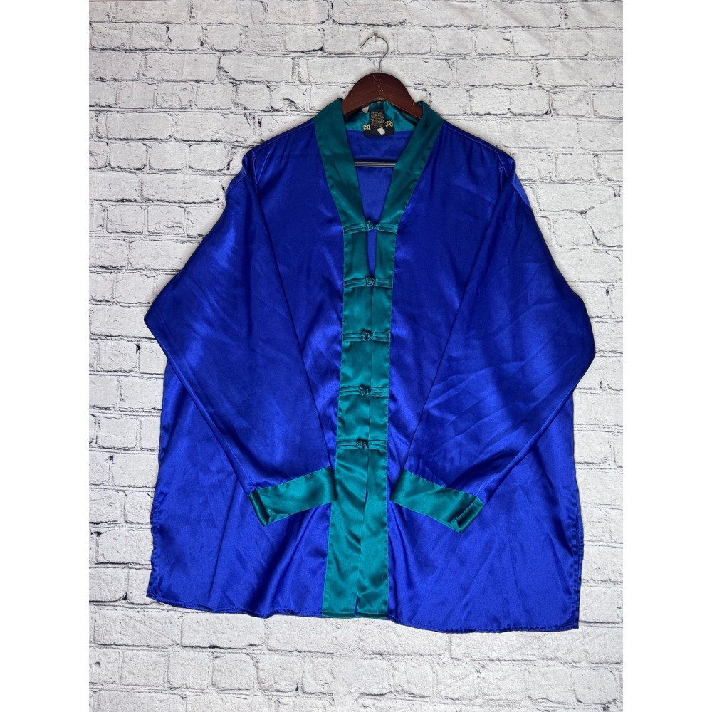 Solange Satin Kimono Robe Blue Teal Leopard Trim Open Front‎ Women 14-16